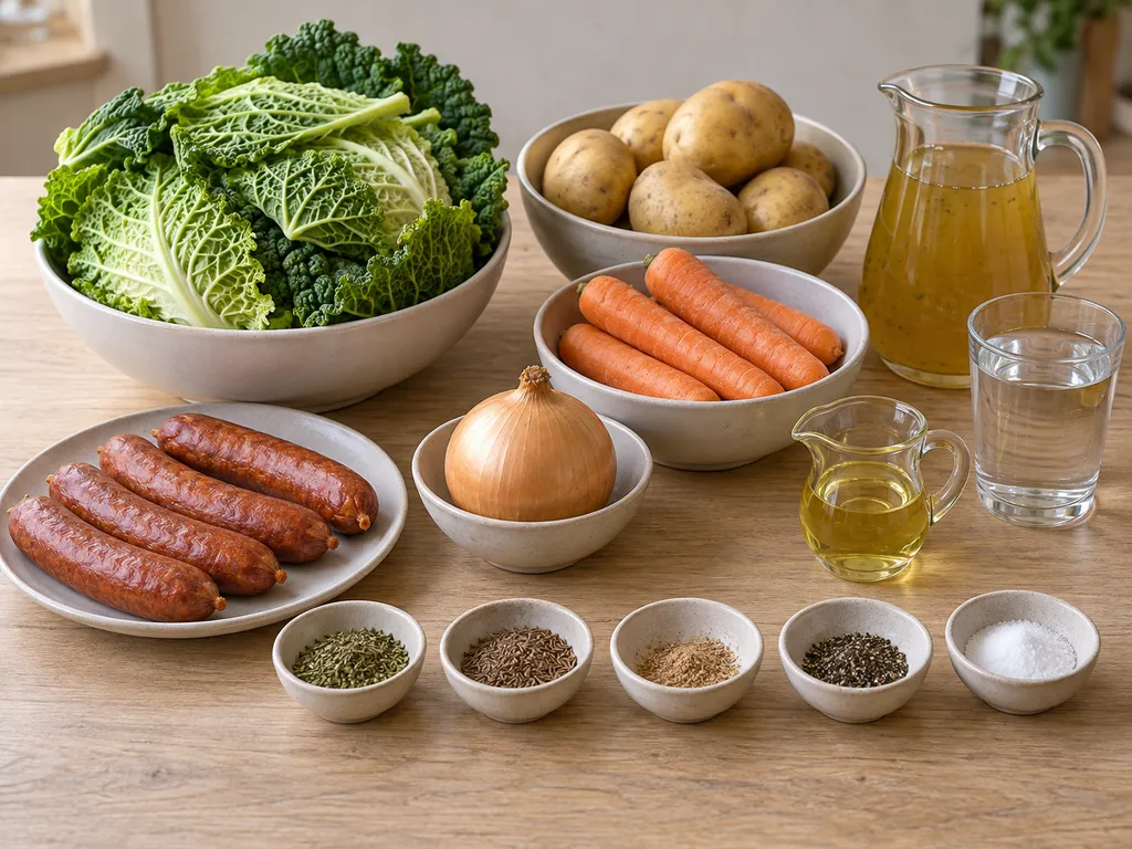 Wirsing, Kartoffeln, Möhren, Zwiebel, vier Mettwürstchen, Brühe und Gewürze