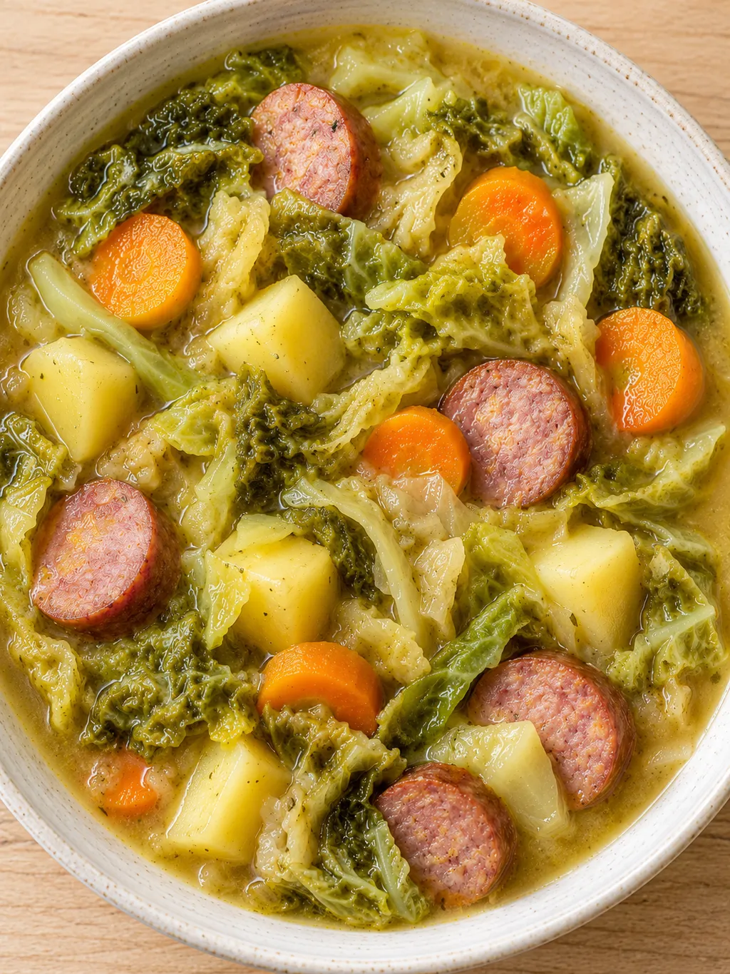 Wirsingeintopf mit Kartoffeln, Möhren und Mettwurstscheiben in goldener Brühe
