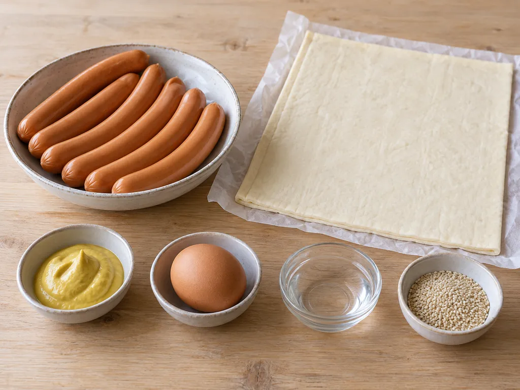 Wiener, Butterblätterteig, Senf, Ei, Wasser und Sesam für Würstchen im Schlafrock