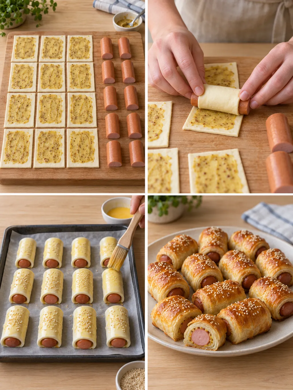 Senf verstreichen, Wiener einrollen, Teig bestreichen und fertig gebackene Würstchen