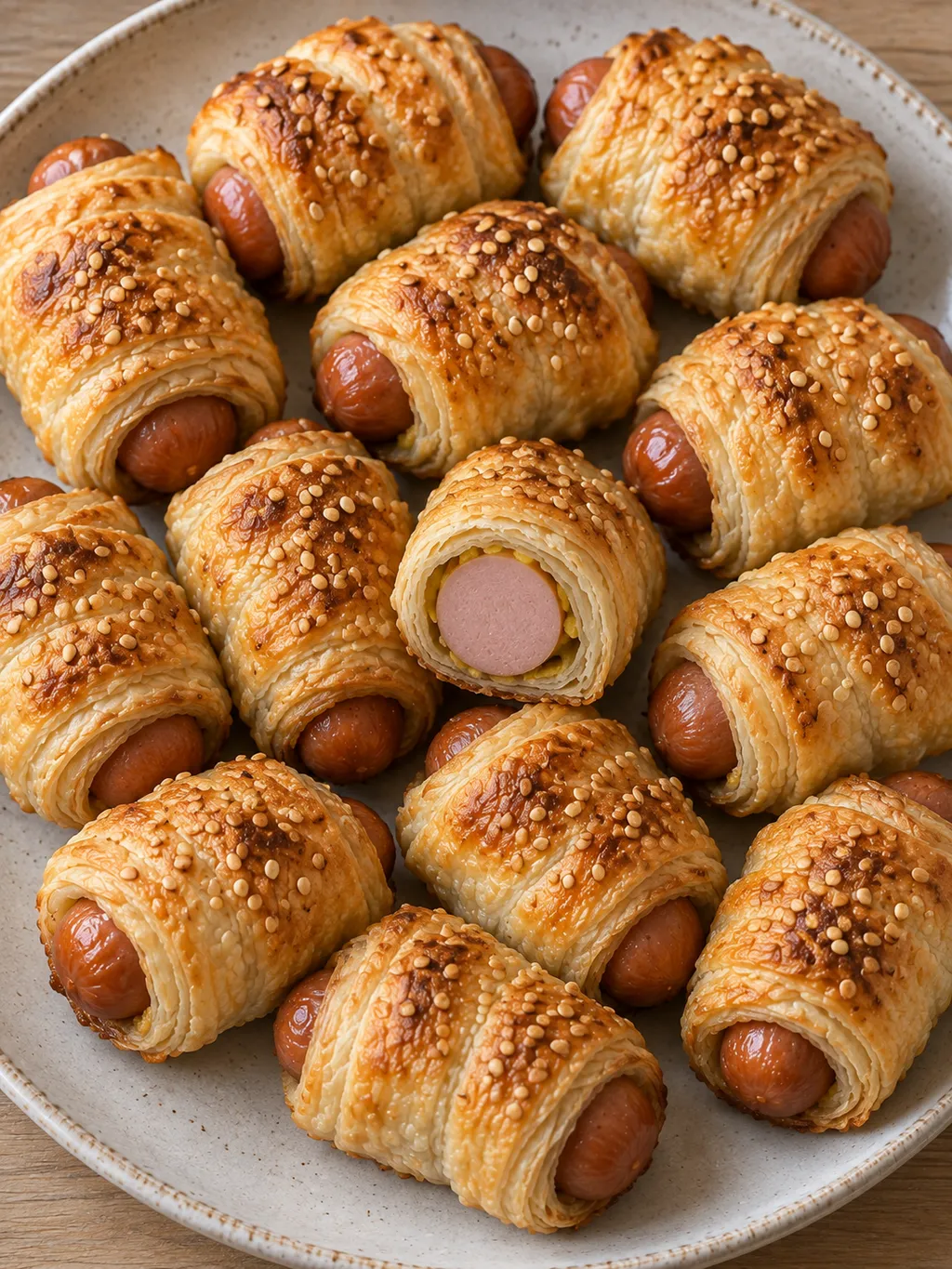 Goldbraune Würstchen im Blätterteig mit Sesam und einer sichtbaren Schnittfläche