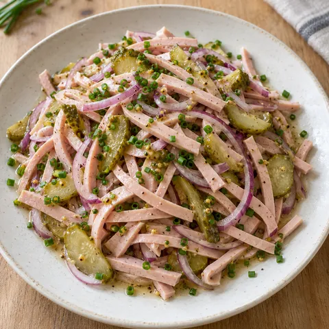 Wurstsalat mit Lyonerstreifen, Gewürzgurken, roten Zwiebeln und Schnittlauch