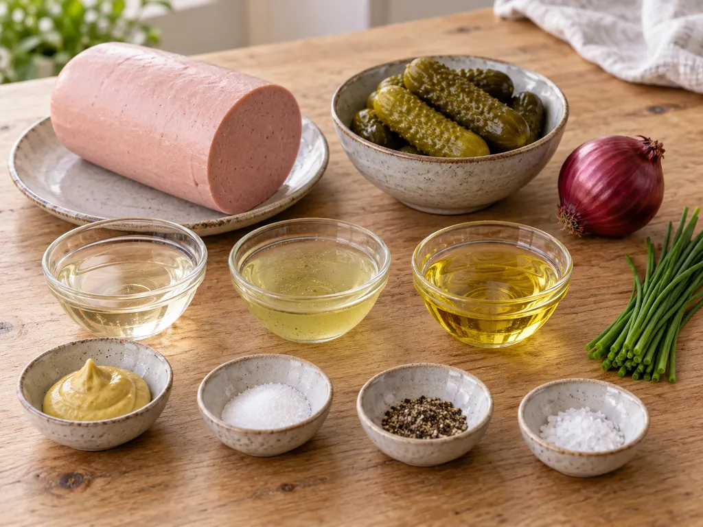 Lyoner, Gewürzgurken, rote Zwiebel, Schnittlauch und Zutaten für die Marinade
