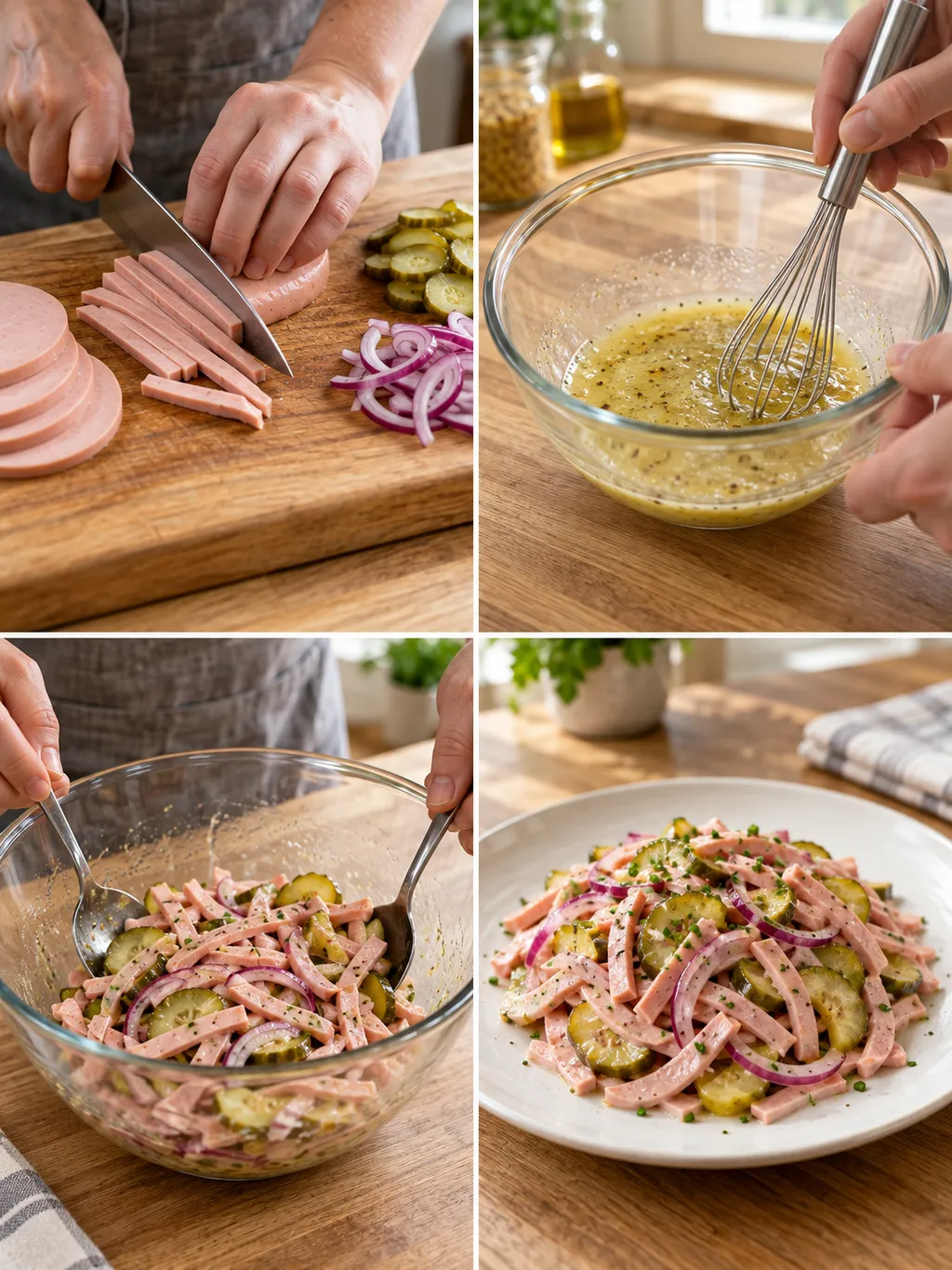 Lyoner schneiden, Marinade verrühren, Wurstsalat mischen und mit Schnittlauch servieren