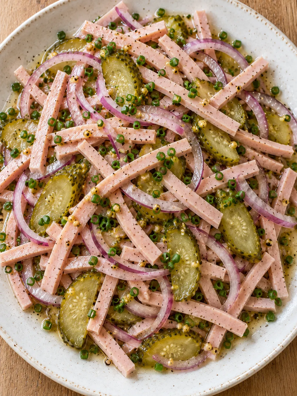 Wurstsalat aus feinen Lyonerstreifen mit Gurkenscheiben, roten Zwiebeln und Schnittlauch