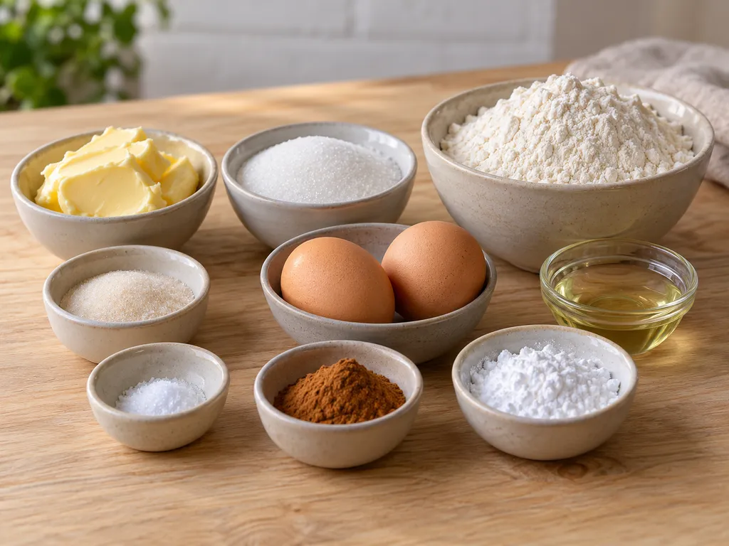 Butter, Zucker, zwei Eier, Mehl, Zimt und weitere Zutaten für dünne Zimtwaffeln