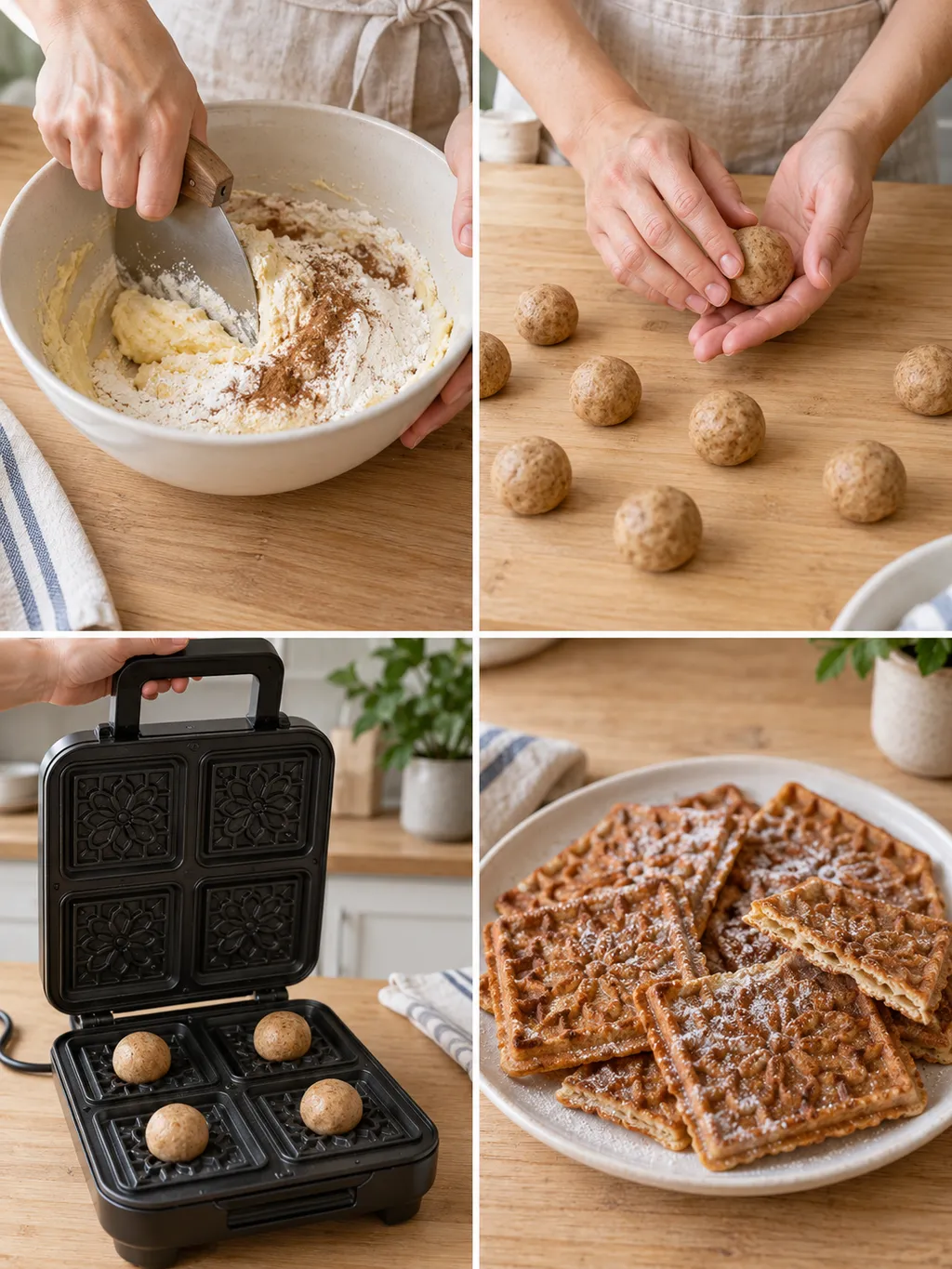 Zimtwaffelteig verrühren, Kugeln formen, das Eisen befüllen und fertige Waffeln servieren