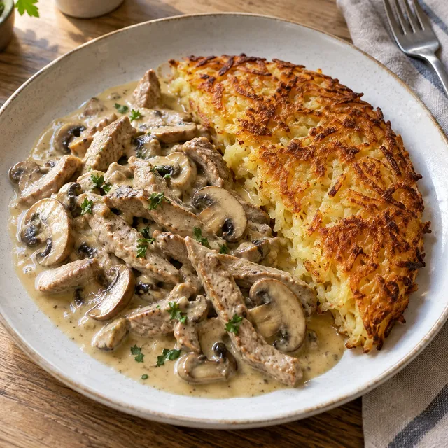 Zürcher Geschnetzeltes mit Champignon-Rahmsoße, Petersilie und goldbrauner Rösti