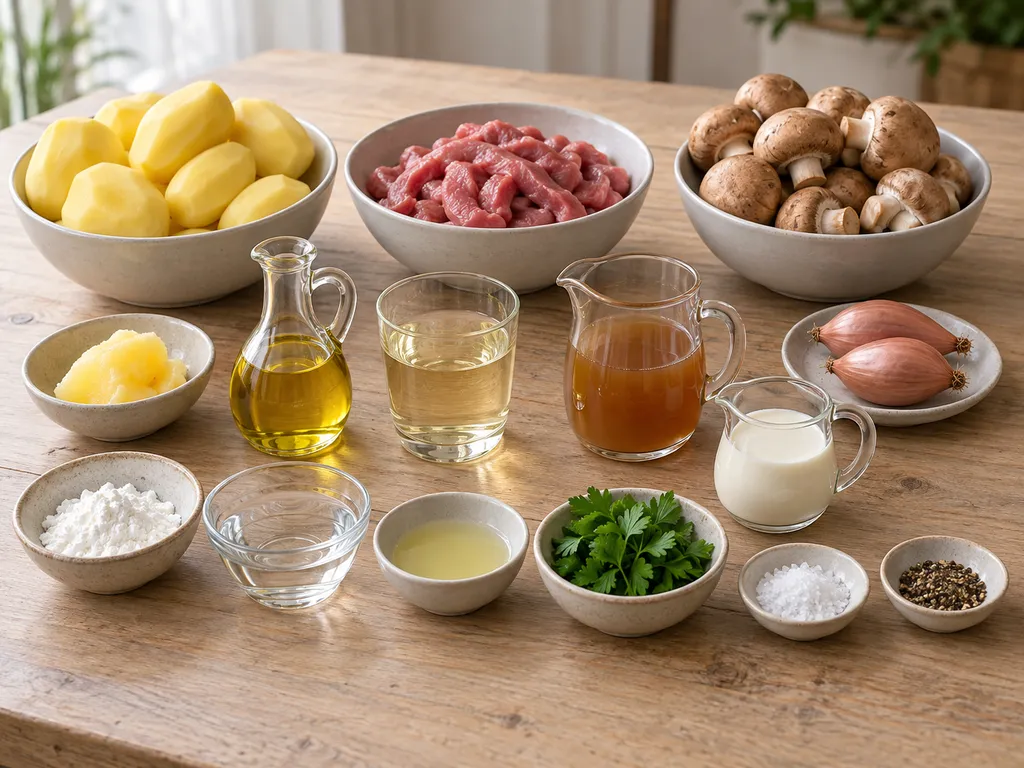 Kalbfleisch, Champignons, Kartoffeln und weitere Zutaten für Geschnetzeltes mit Rösti