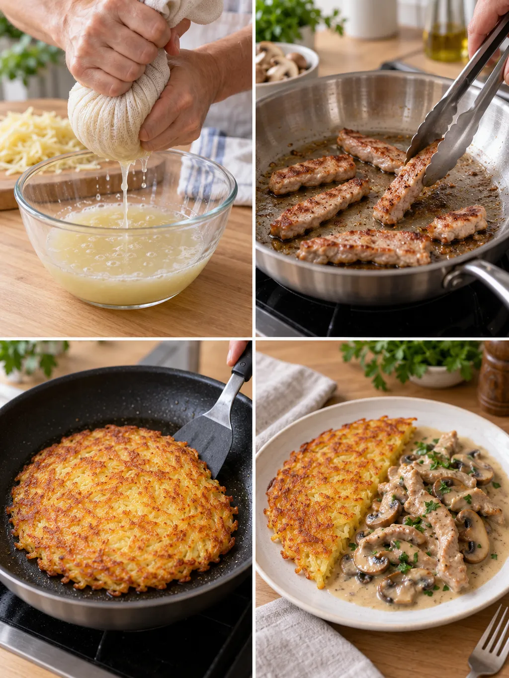 Kartoffeln ausdrücken, Kalbfleisch anbraten, Rösti bräunen und das fertige Gericht