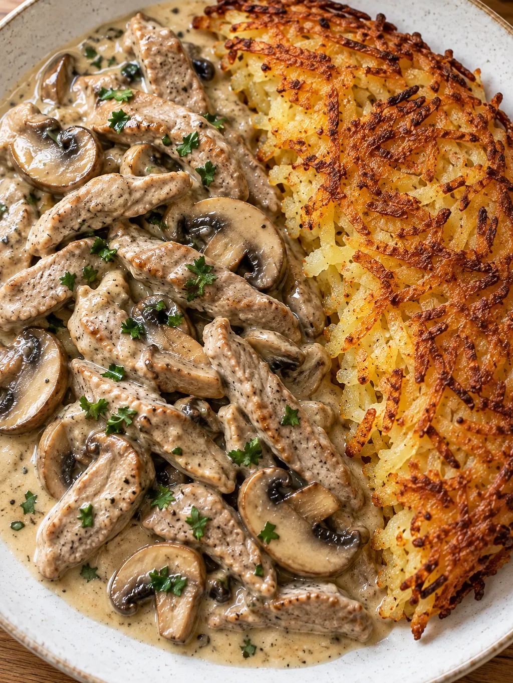 Kalbfleisch und Champignons in cremiger Rahmsoße neben einer knusprigen Rösti
