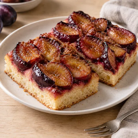 Zwetschgenkuchen mit dichtem Fruchtbelag und goldbraunem Hefeboden auf einem hellen Teller