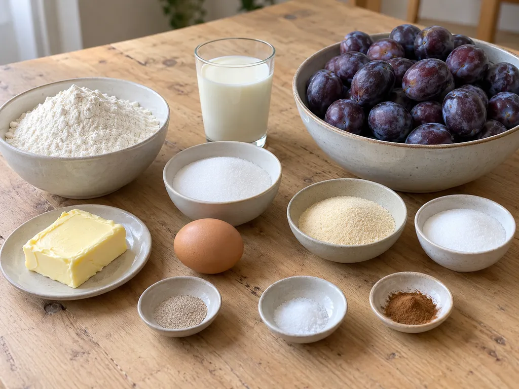 Zwetschgen, Mehl, Hefe, Milch, Ei, Butter, Zucker, Salz, Grieß und Zimt für den Kuchen
