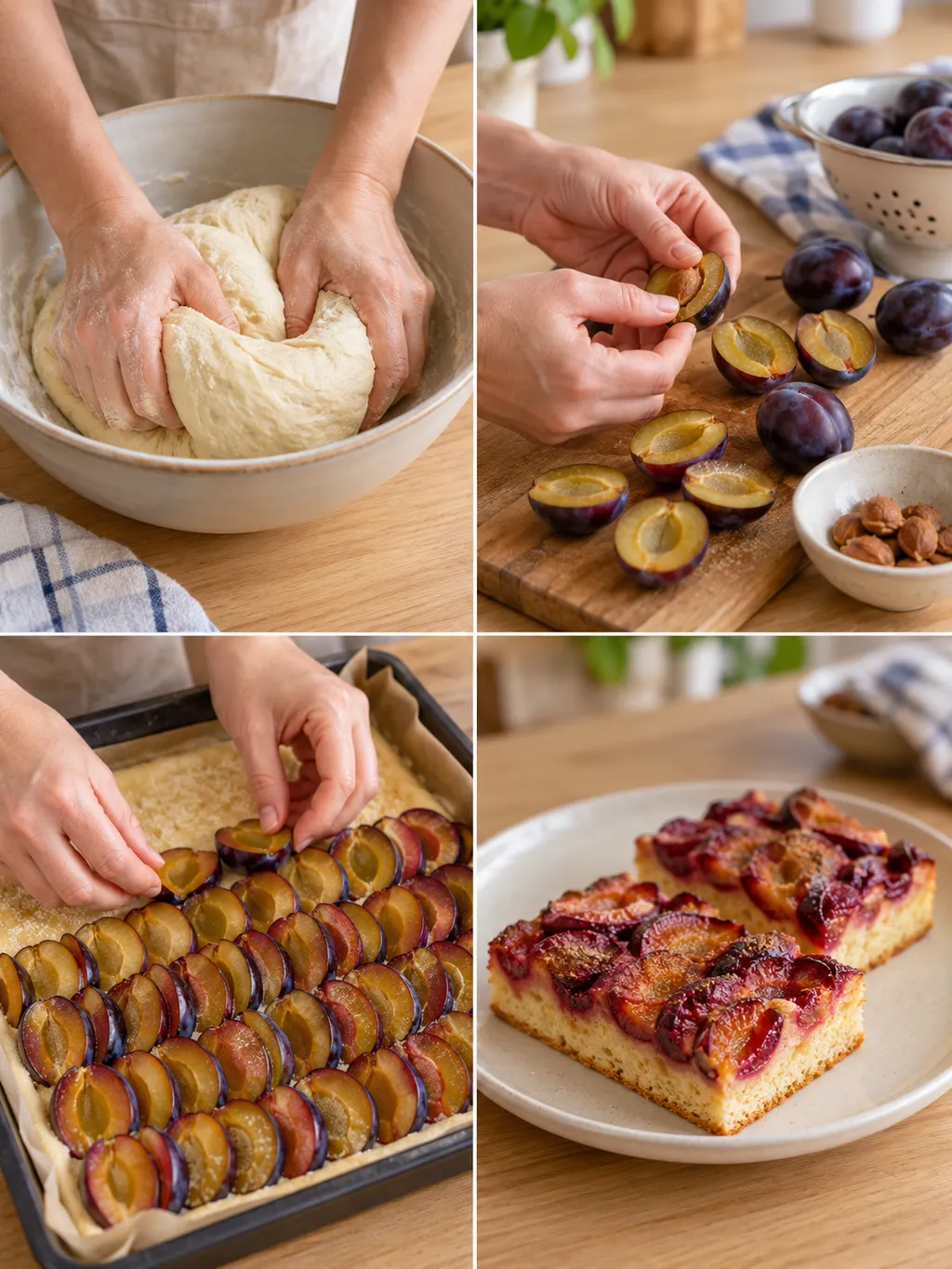 Hefeteig kneten, Zwetschgen entsteinen, das Blech belegen und fertigen Kuchen servieren