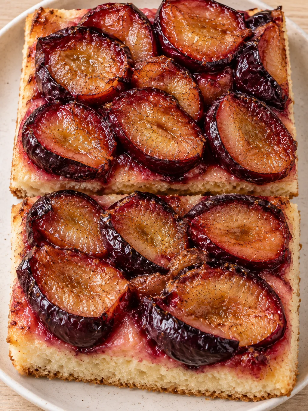 Zwei Stücke Zwetschgenkuchen mit saftigen violetten Früchten und einer goldbraunen Kruste