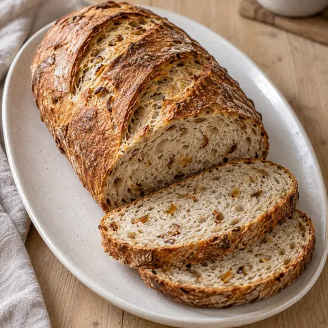 Zwiebelbrot mit brauner Kruste und Röstzwiebelstückchen in den angeschnittenen Scheiben