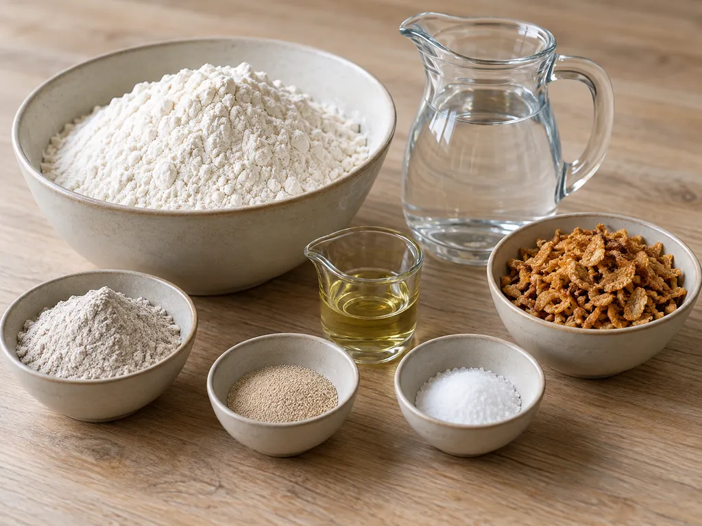 Weizenmehl, Roggenmehl, Hefe, Salz, Wasser, Rapsöl und Röstzwiebeln für Zwiebelbrot