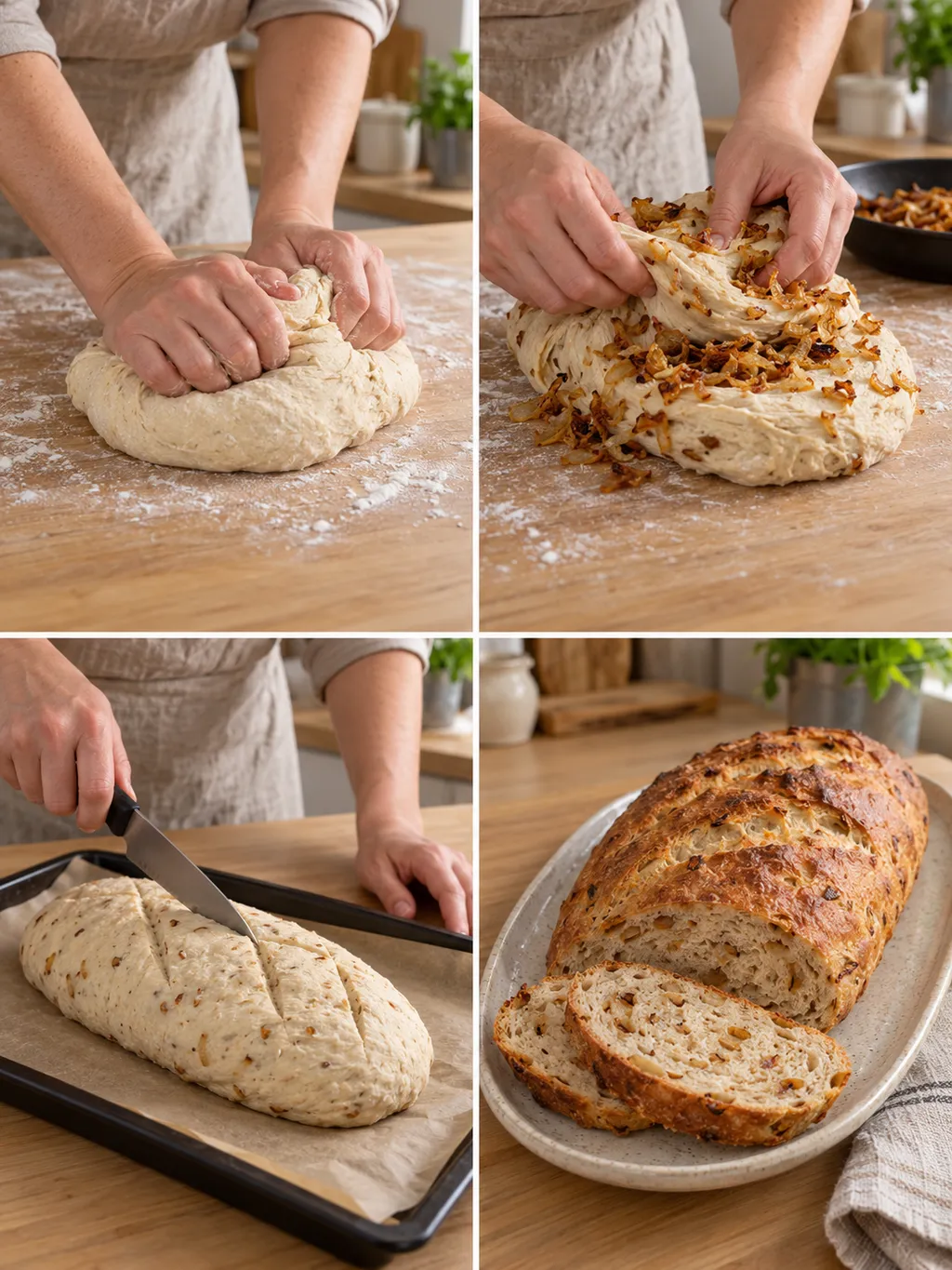 Teig kneten, Röstzwiebeln einarbeiten, Laib einschneiden und fertig gebackenes Zwiebelbrot