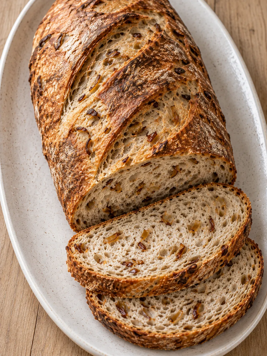 Goldbraunes Zwiebelbrot mit zwei Scheiben und sichtbaren Röstzwiebeln in der Krume