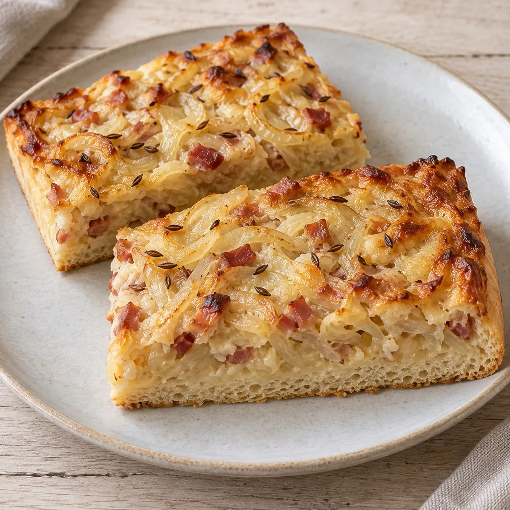 Zwiebelkuchenstücke mit Speck und cremigem Zwiebelbelag auf lockerem Hefeboden