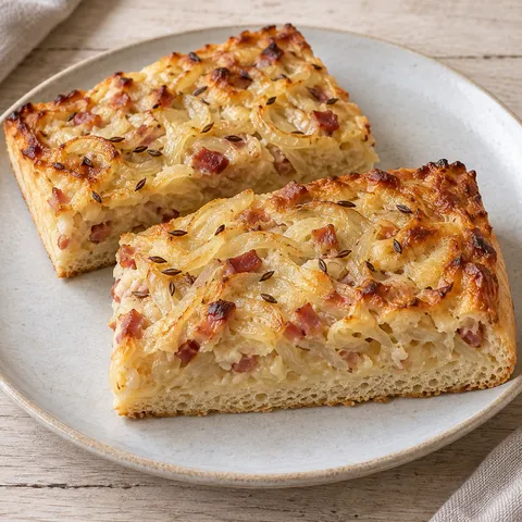 Zwiebelkuchenstücke mit Speck und cremigem Zwiebelbelag auf lockerem Hefeboden
