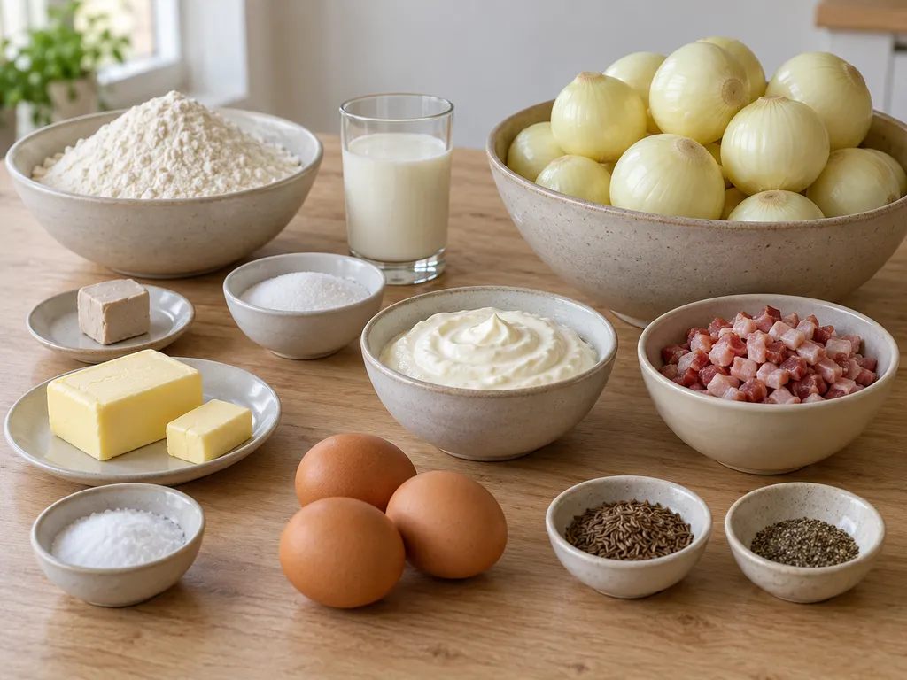 Zwiebeln, Speck, Schmand, Eier und Zutaten für den Hefeteig auf einer Holzfläche