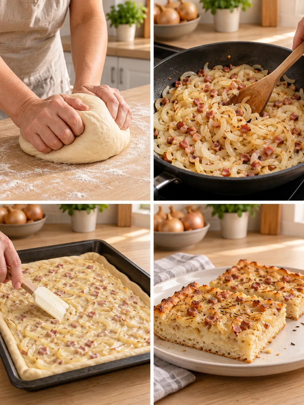 Hefeteig kneten, Zwiebeln garen, Boden belegen und fertig gebackener Zwiebelkuchen