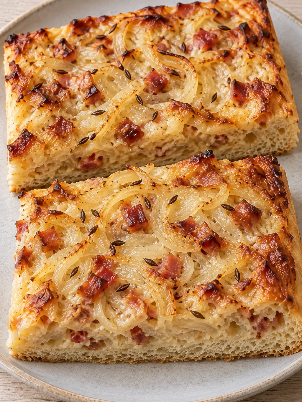 Goldbrauner Zwiebelkuchen mit weichen Zwiebelstreifen, Speckwürfeln und Kümmel