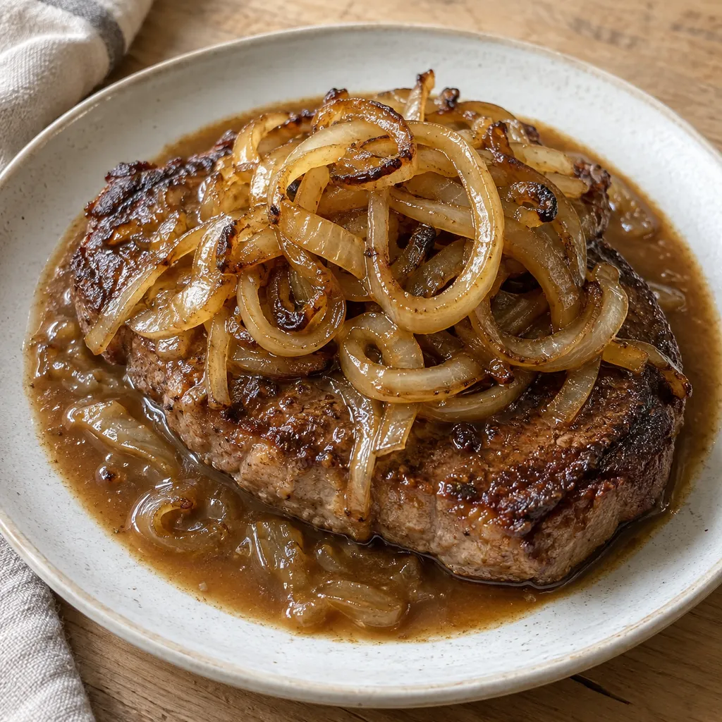 Zwiebelrostbraten mit goldbraunen Zwiebelringen und brauner Zwiebelsoße
