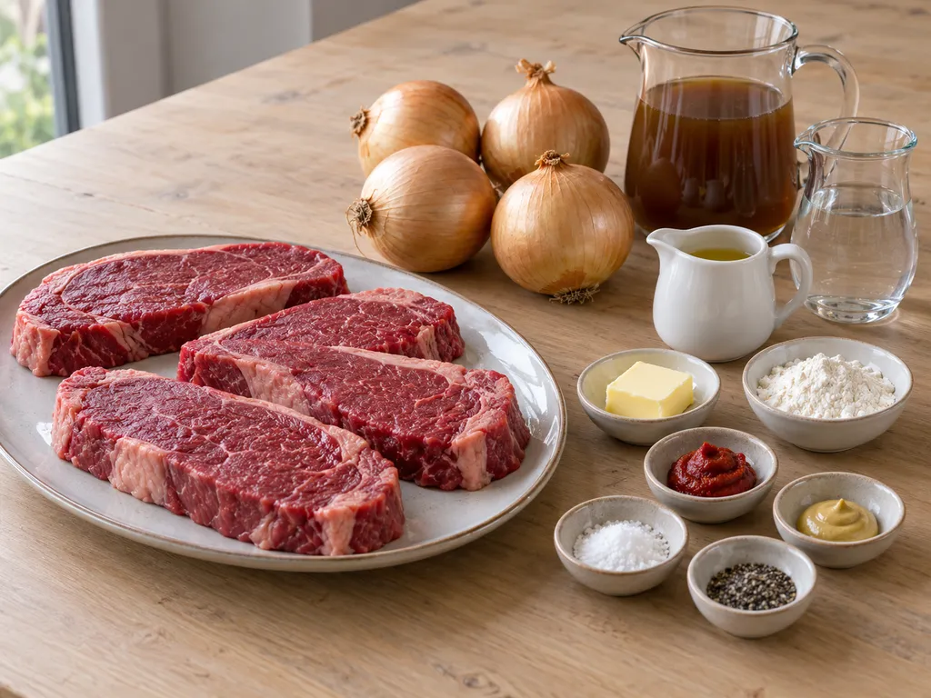 Rumpsteaks, vier Zwiebeln, Butter, Brühe, Mehl und Gewürze für Zwiebelrostbraten
