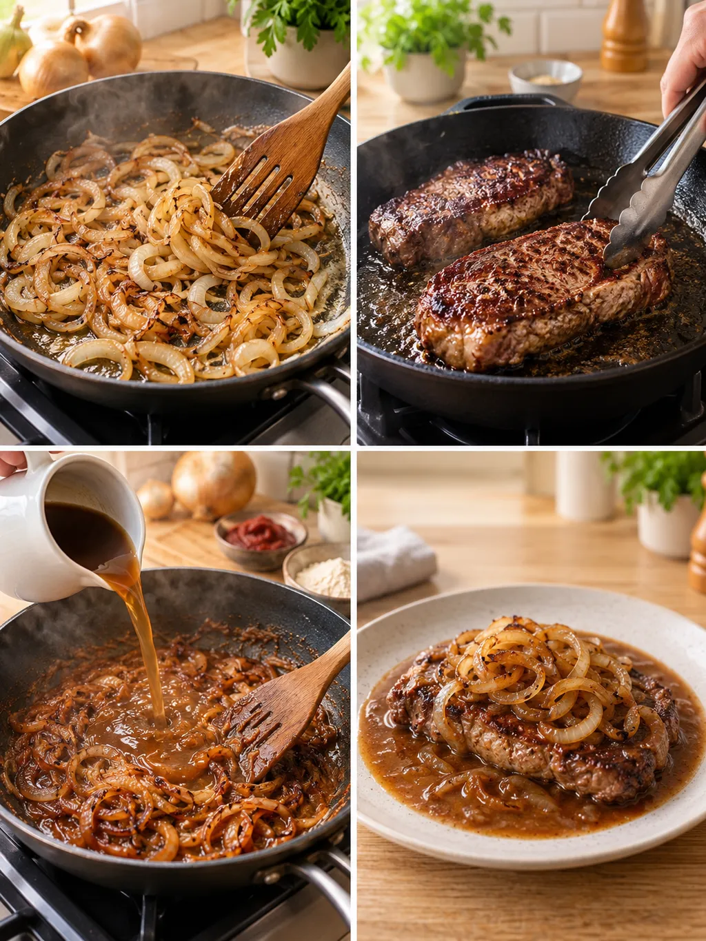 Zwiebeln braten, Rumpsteaks anbraten, Soße zubereiten und fertigen Zwiebelrostbraten anrichten
