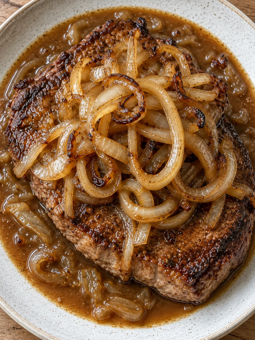 Zwiebelrostbraten in kräftiger Bratensoße mit weichen goldbraunen Zwiebelringen